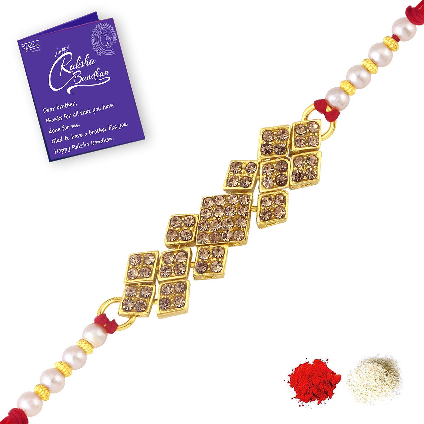 Sukkhi Awesome Gold Plated LCT Stone Rakhi Combo (Set of 3) with Roli Chawal and Raksha Bandhan Greeting Card For Men