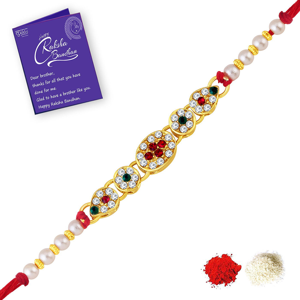Sukkhi Alluring Gold Plated Designer Rakhi with Roli Chawal and Raksha Bandhan Greeting Card For Men