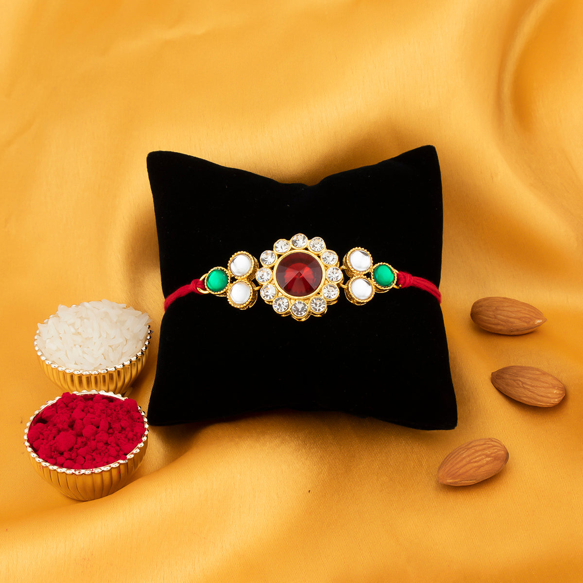Sukkhi Exquisite Gold Plated Floral Rakhi with Roli Chawal and Raksha Bandhan Greeting Card For Men