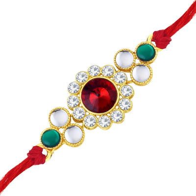 Sukkhi Exquisite Gold Plated Floral Rakhi with Roli Chawal and Raksha Bandhan Greeting Card For Men