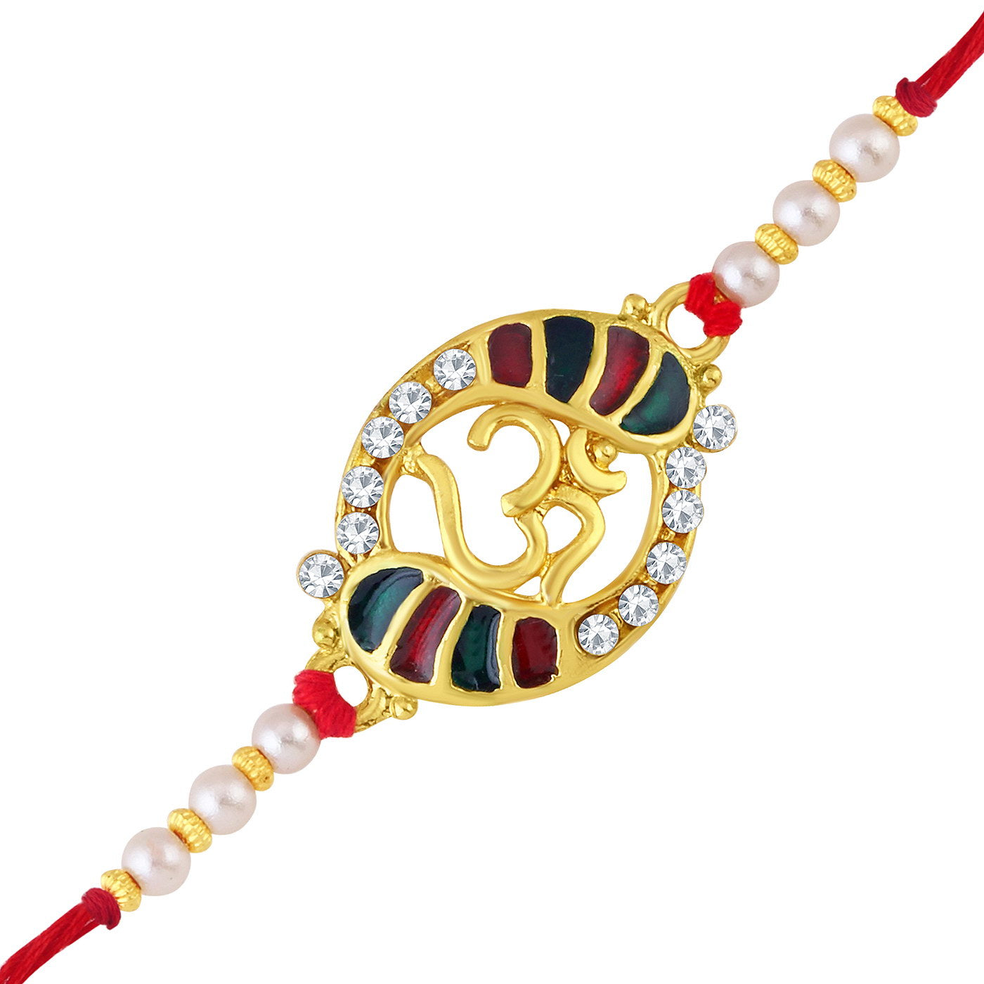 Sukkhi Ravishing Gold Plated Meenakari OM rakhi with Roli Chawal and Raksha Bandhan Greeting Card For Men