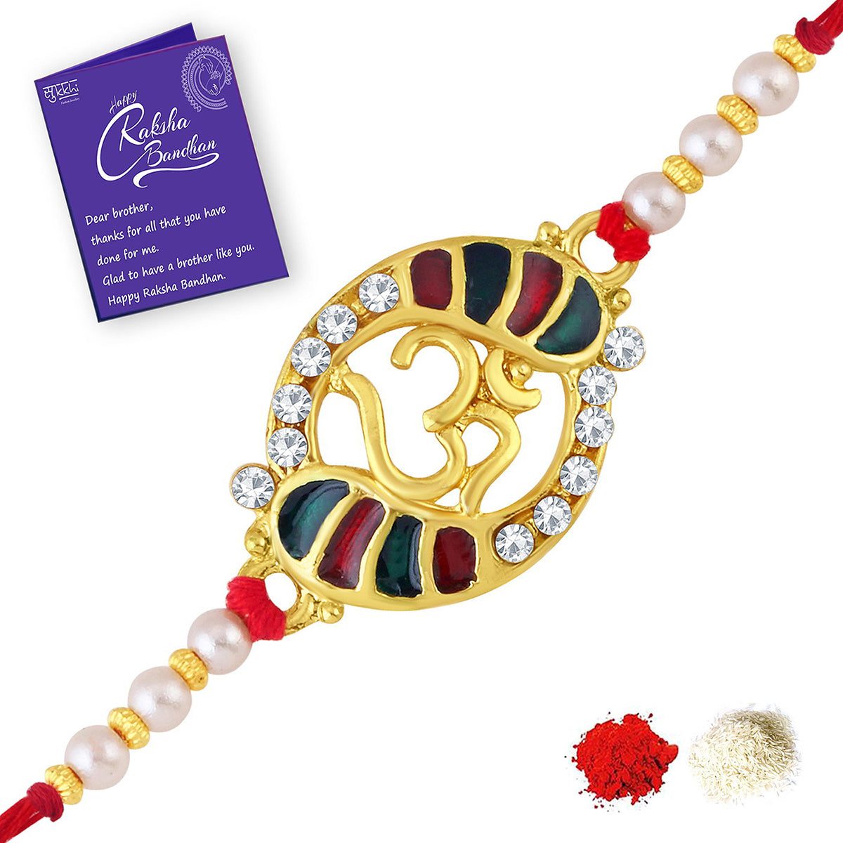Sukkhi Ravishing Gold Plated Meenakari OM rakhi with Roli Chawal and Raksha Bandhan Greeting Card For Men
