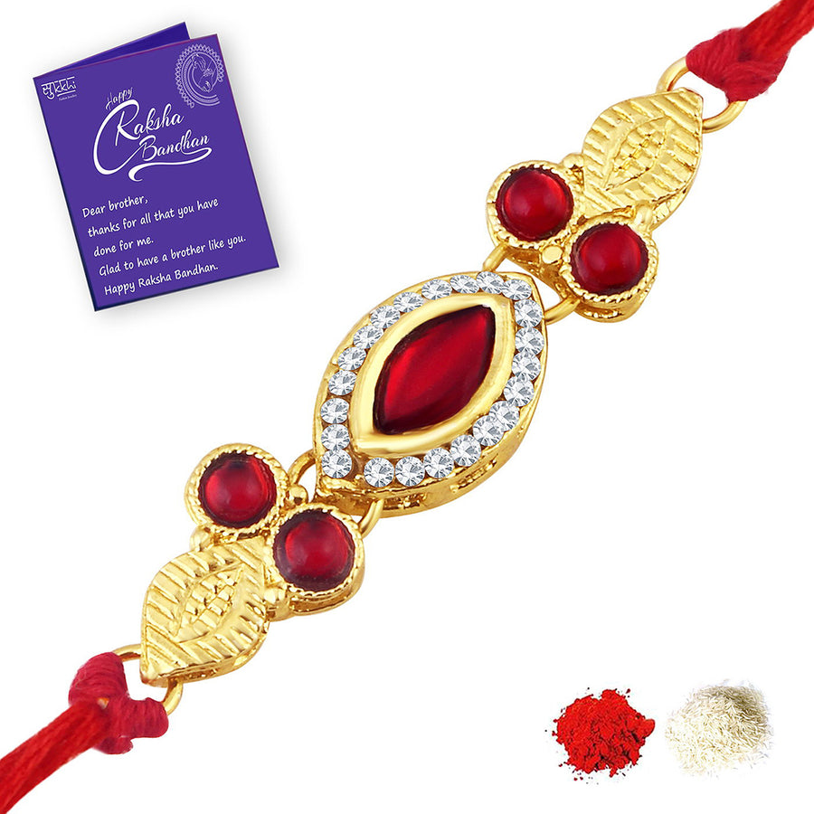 Sukkhi Classic Gold Plated Designer Rakhi with Roli Chawal and Raksha Bandhan Greeting Card For Men