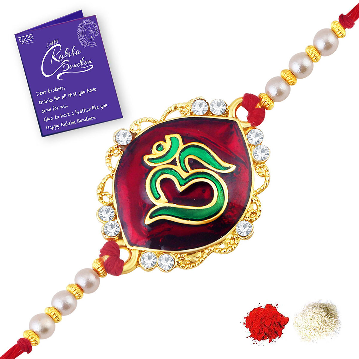Sukkhi Resplendent Gold Plated Meenakari OM Designed Rakhi with Roli Chawal and Raksha Bandhan Greeting Card For Men