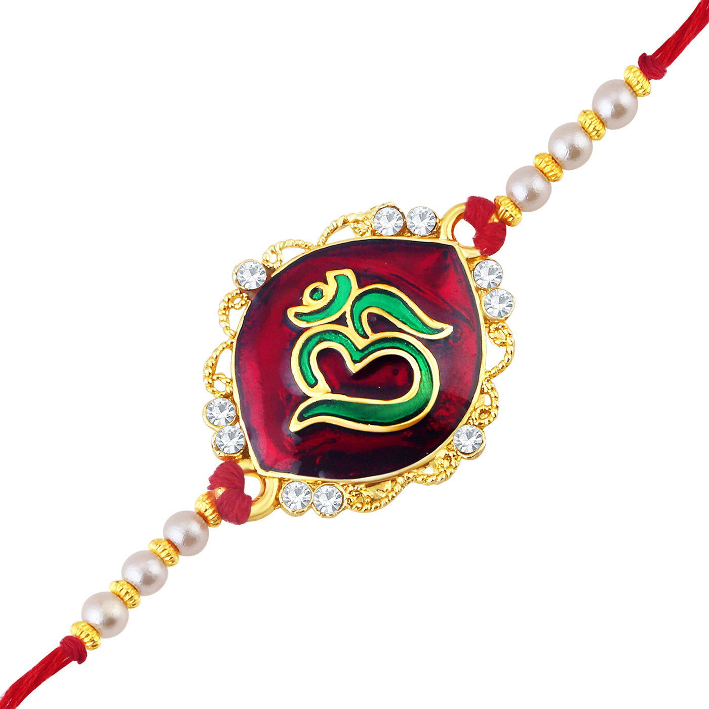 Sukkhi Resplendent Gold Plated Meenakari OM Designed Rakhi with Roli Chawal and Raksha Bandhan Greeting Card For Men