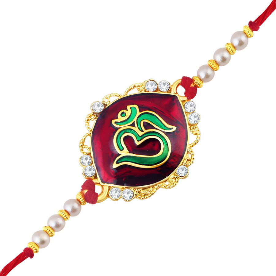 Sukkhi Resplendent Gold Plated Meenakari OM Designed Rakhi with Roli chawal and Greeting Card