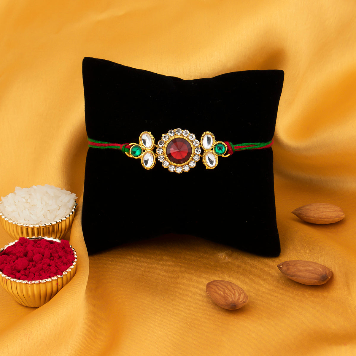 Sukkhi Traditional Kundan Rakhi with Roli Chawal and Raksha Bandhan Greeting Card For Men