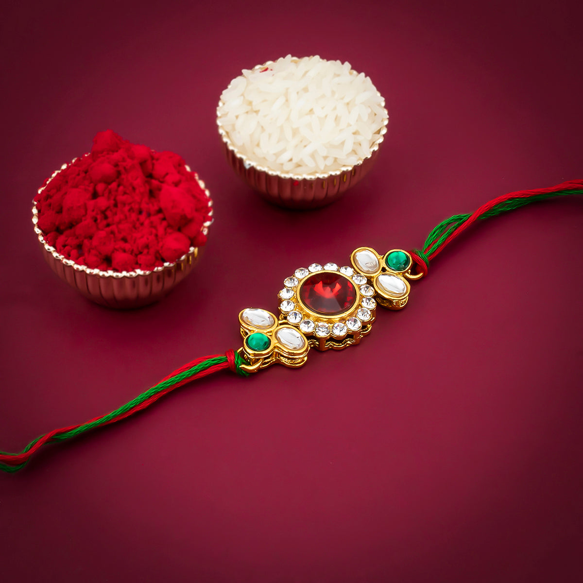 Sukkhi Traditional Kundan Rakhi with Roli Chawal and Raksha Bandhan Greeting Card For Men