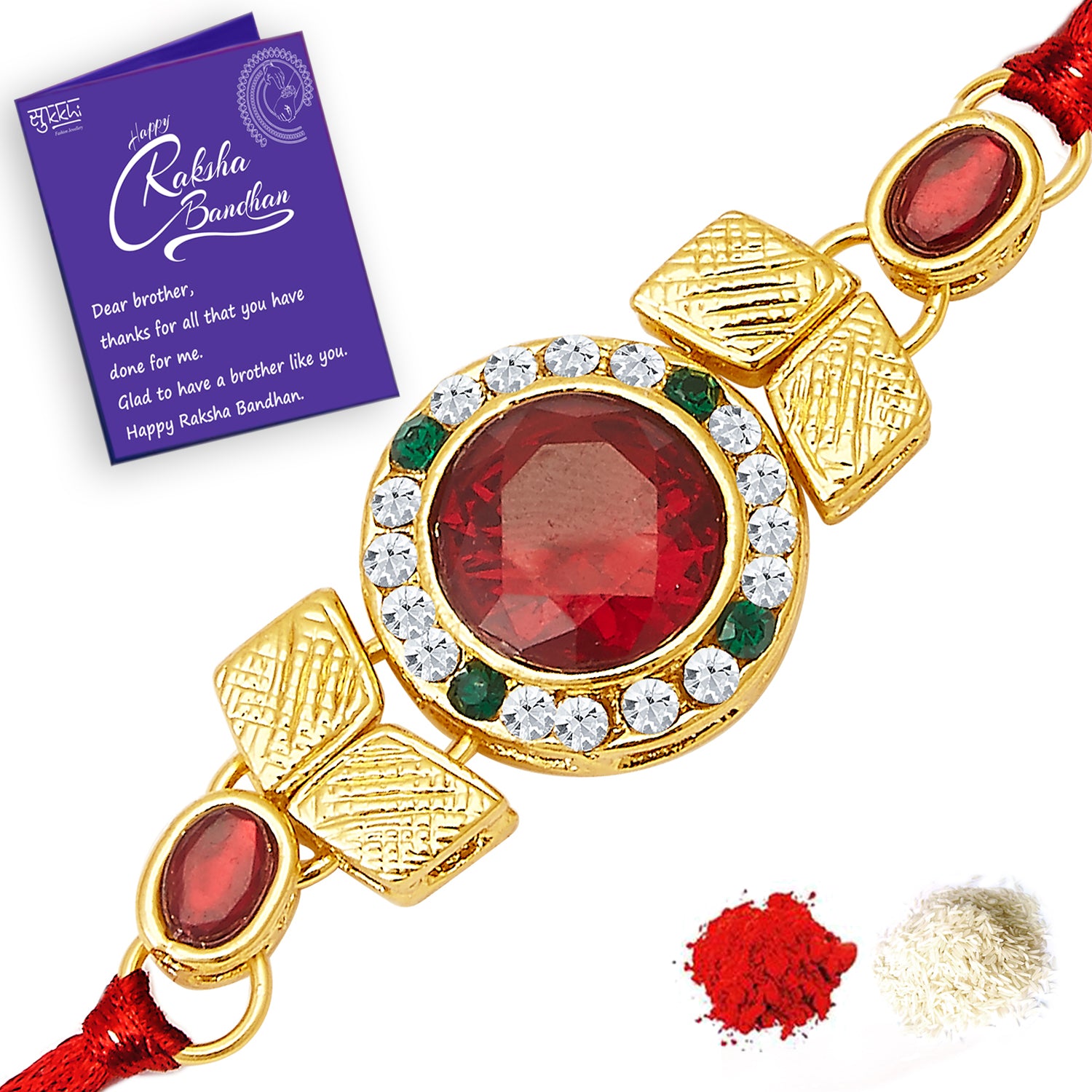 Sukkhi Glorious Gold Plated Austrian Diamond Rakhi Combo (Set of 3) with Roli Chawal and Raksha Bandhan Greeting Card For Men
