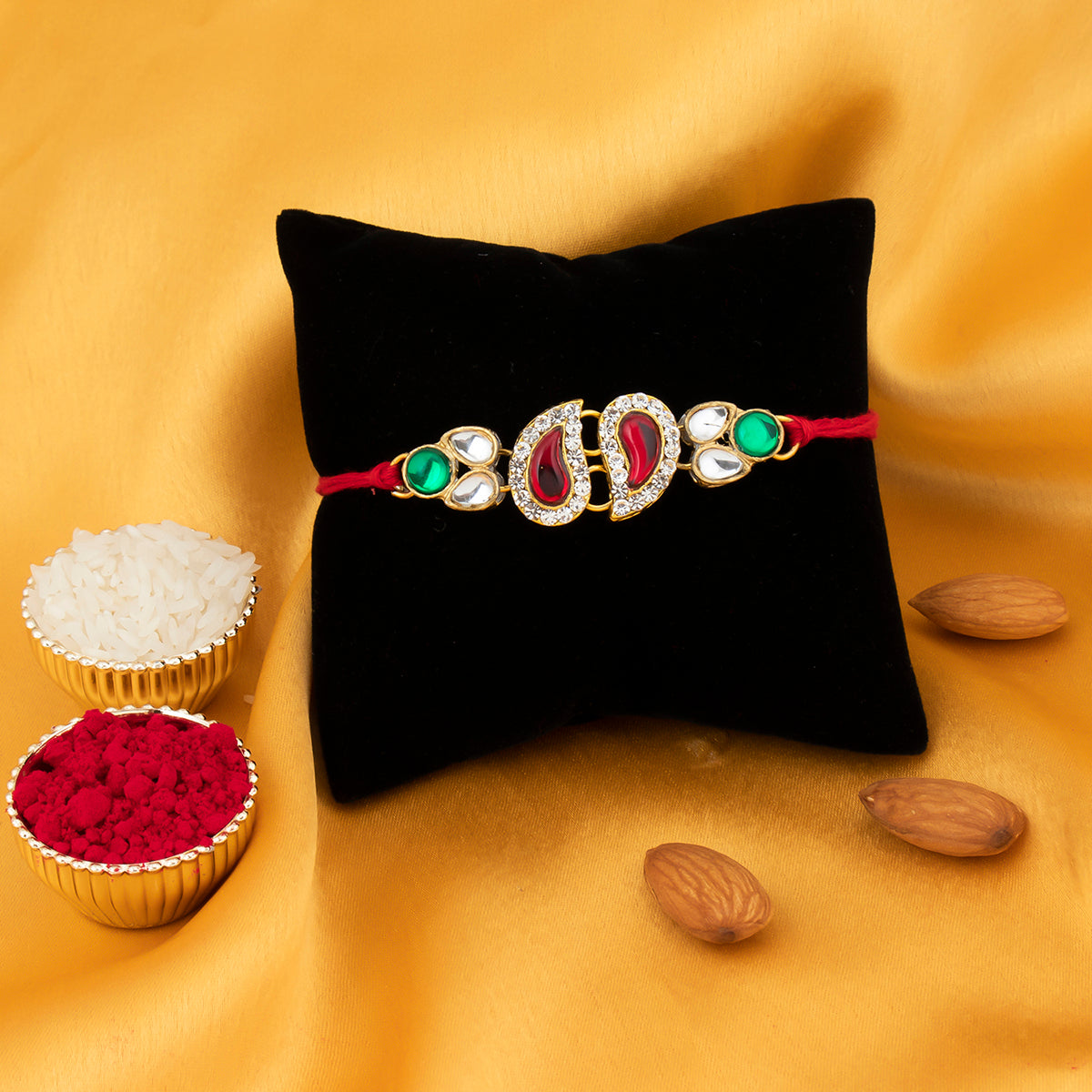 Sukkhi Lavish Kundan Rakhi with Roli Chawal and Raksha Bandhan Greeting Card For Men