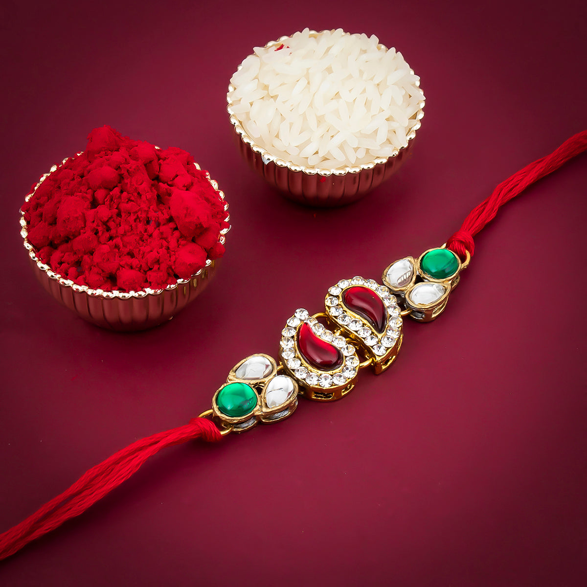Sukkhi Lavish Kundan Rakhi with Roli Chawal and Raksha Bandhan Greeting Card For Men