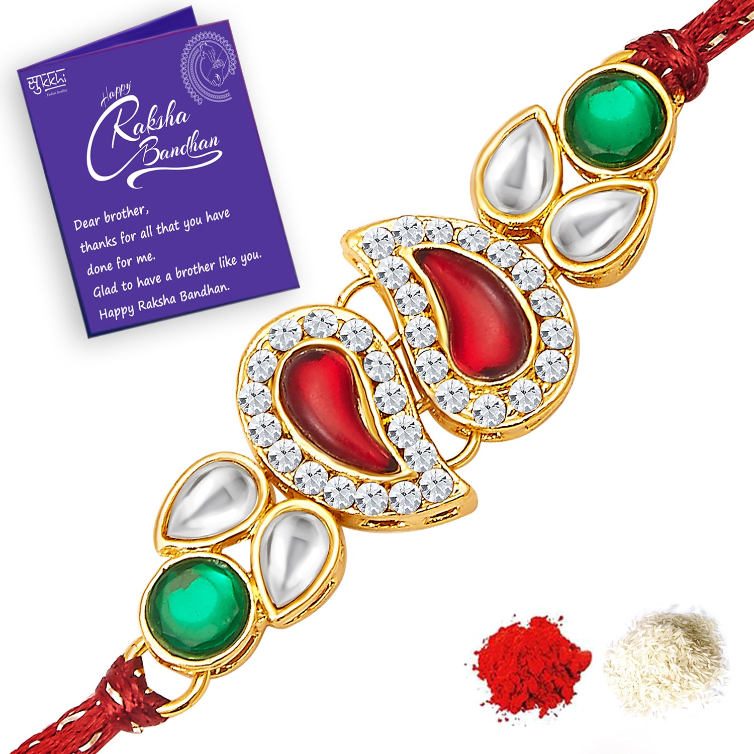 Sukkhi Elegant Gold Plated Austrian Diamond Rakhi Combo (Set of 3) with Roli Chawal and Raksha Bandhan Greeting Card For Men