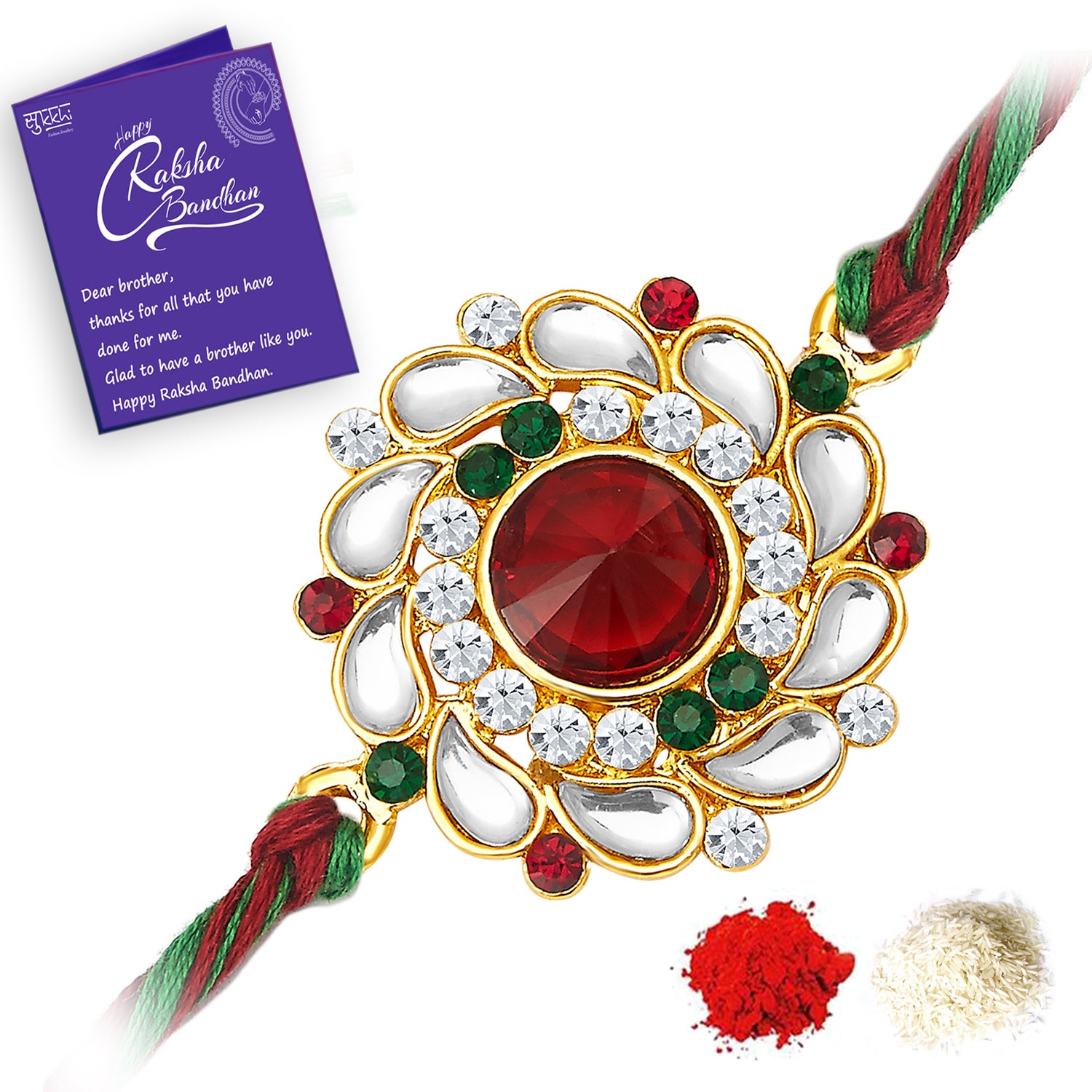 Sukkhi Ethnic Gold Plated Peacock Meenakari Rakhi Combo (Set of 3) with Roli Chawal and Raksha Bandhan Greeting Card For Men