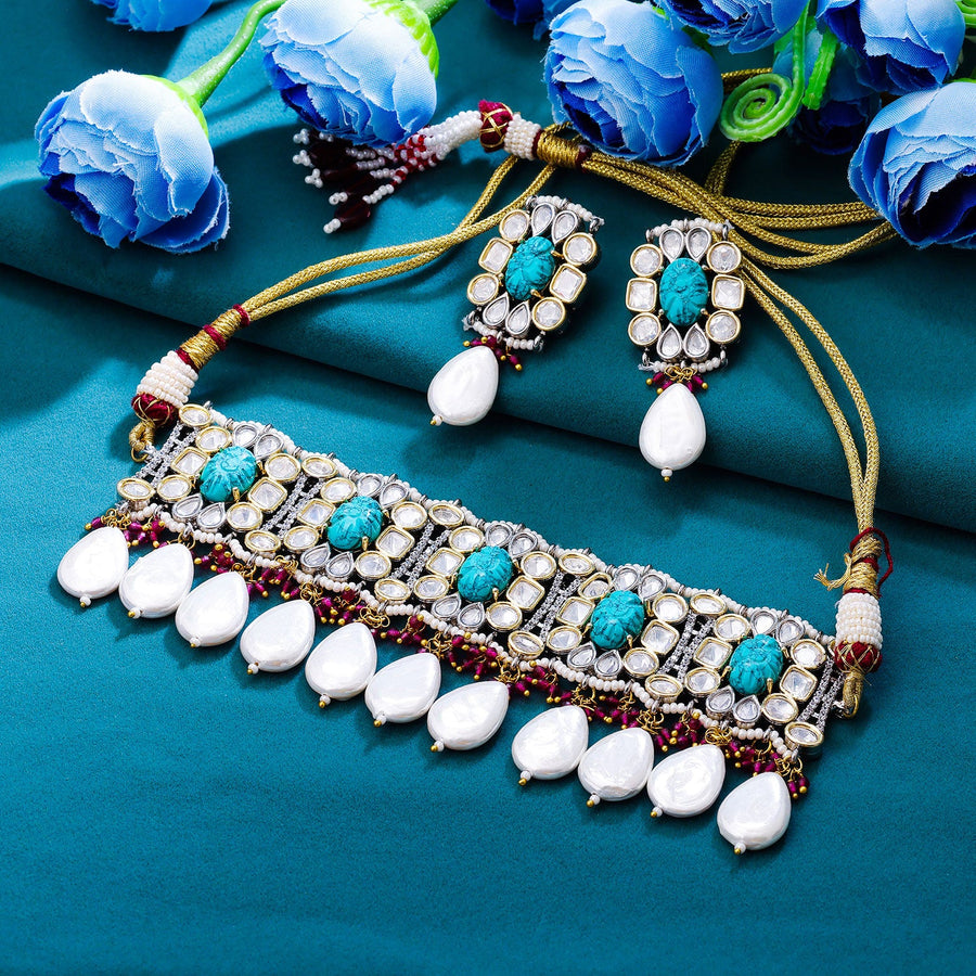 Sukkhi Multi Rhodium Plated Kundan & Pearl & CZ Choker Necklace Set For Women