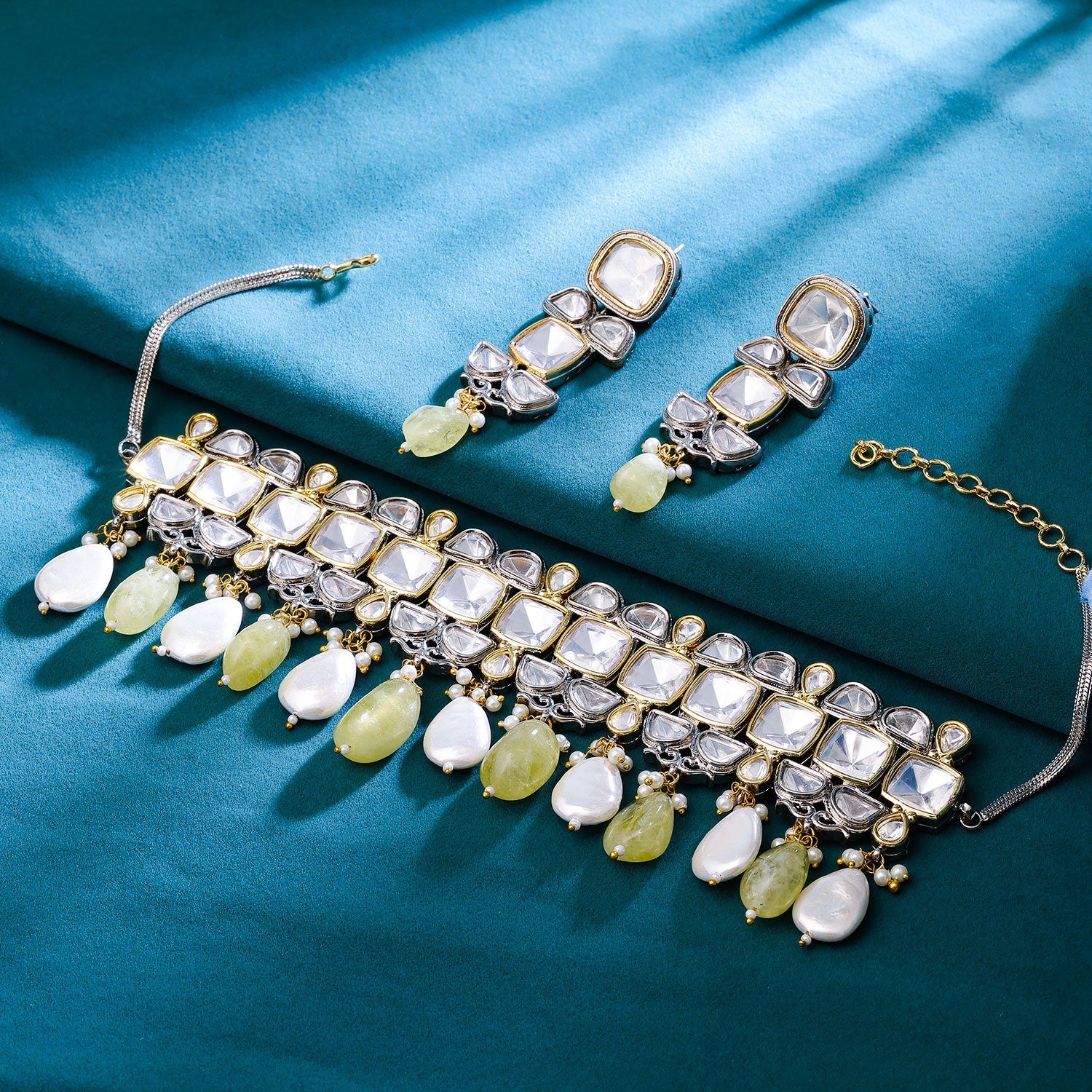 Sukkhi Lime Rhodium Plated Kundan & Pearl Choker Necklace Set For Women