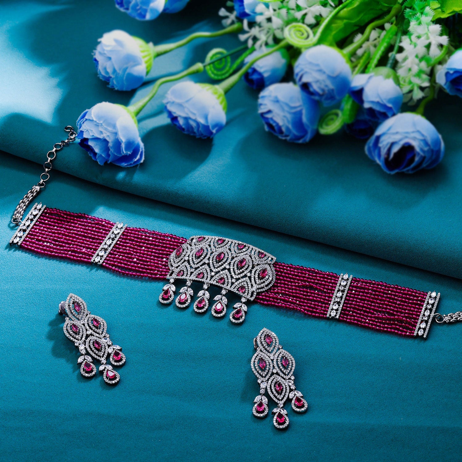 Sukkhi Pink Rhodium Plated CZ & Pearl Choker Necklace Set For Women