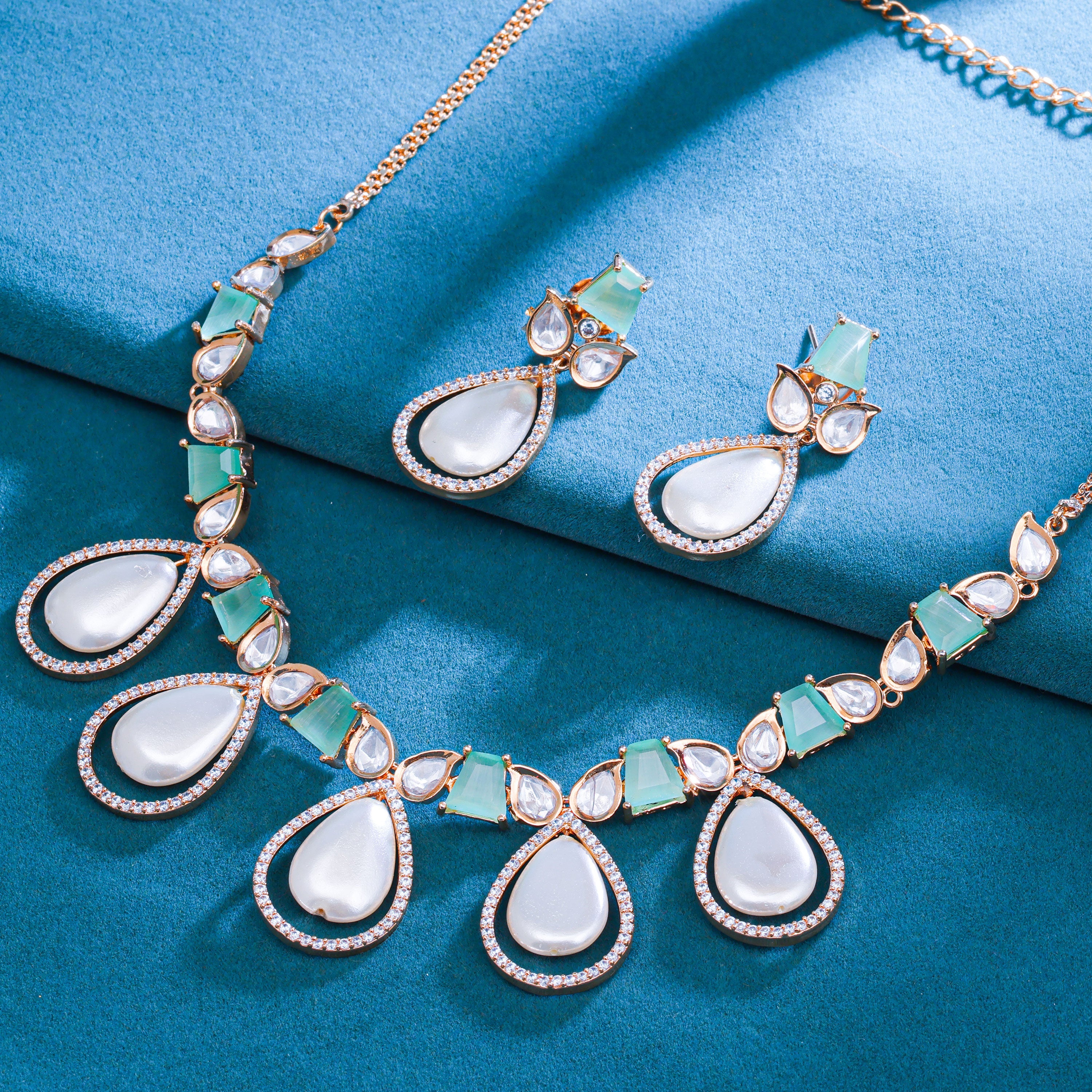 Sukkhi Green Gold Plated CZ & Pearl Choker Necklace Set For Women