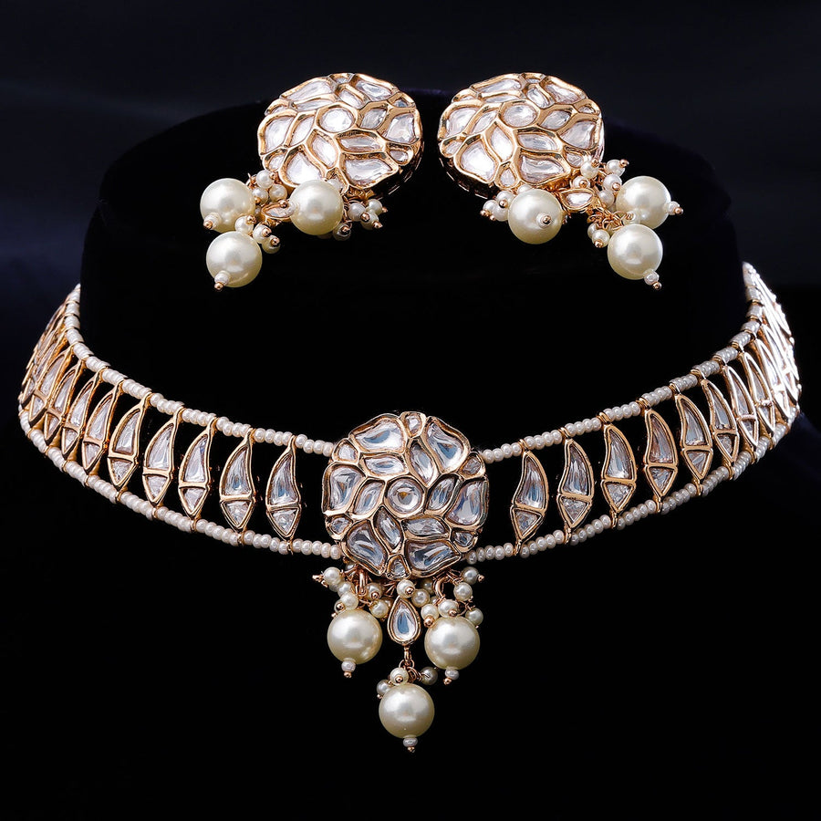 Sukkhi Golden Gold Plated Kundan & Pearl Choker Necklace Set For Women