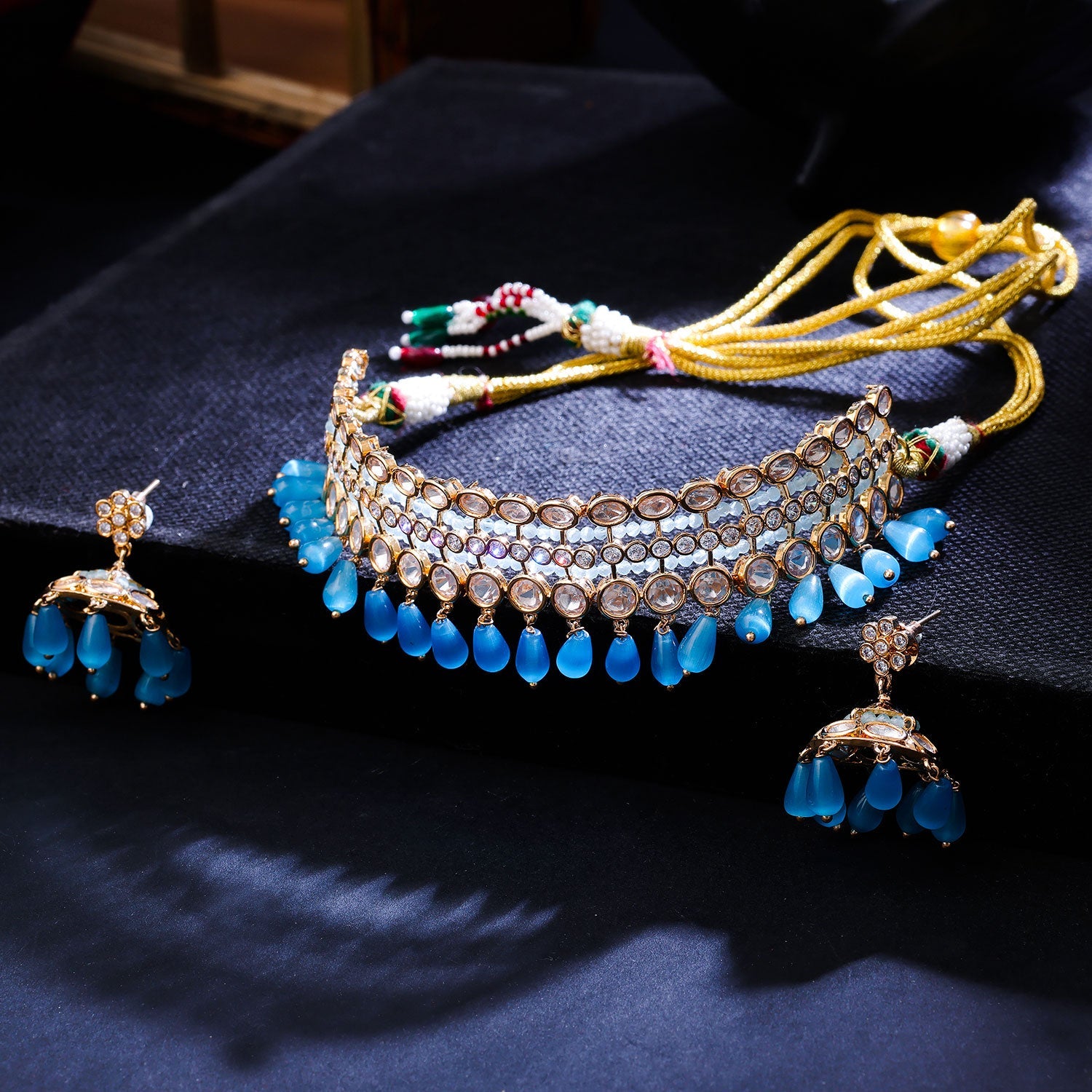Sukkhi Blue Gold Plated Kundan & Pearl Choker Necklace Set For Women