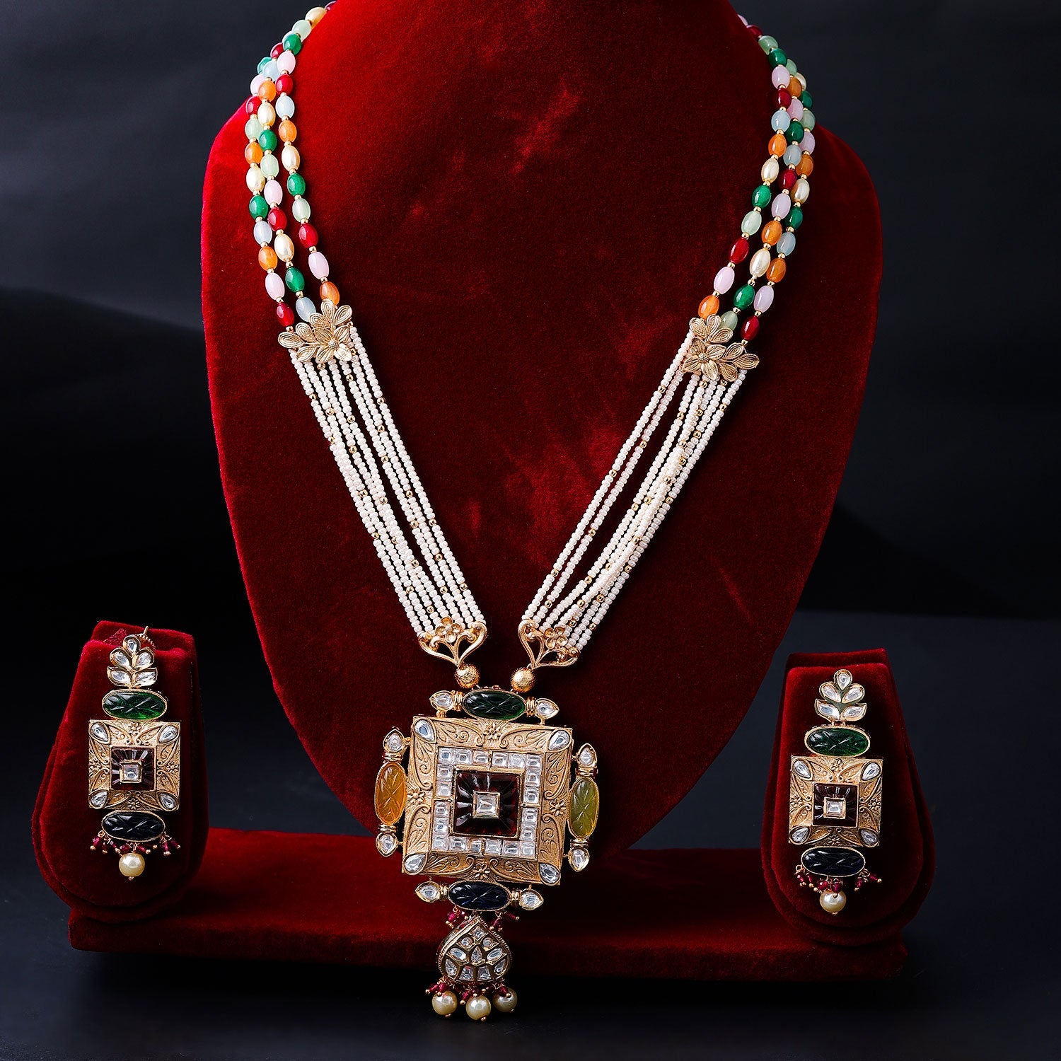 Sukkhi Multi Gold Plated Kundan & Pearl Long Necklace Set For Women
