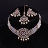 Sukkhi Pink & Green Gold Plated CZ & Pearl Choker Necklace Set For Women