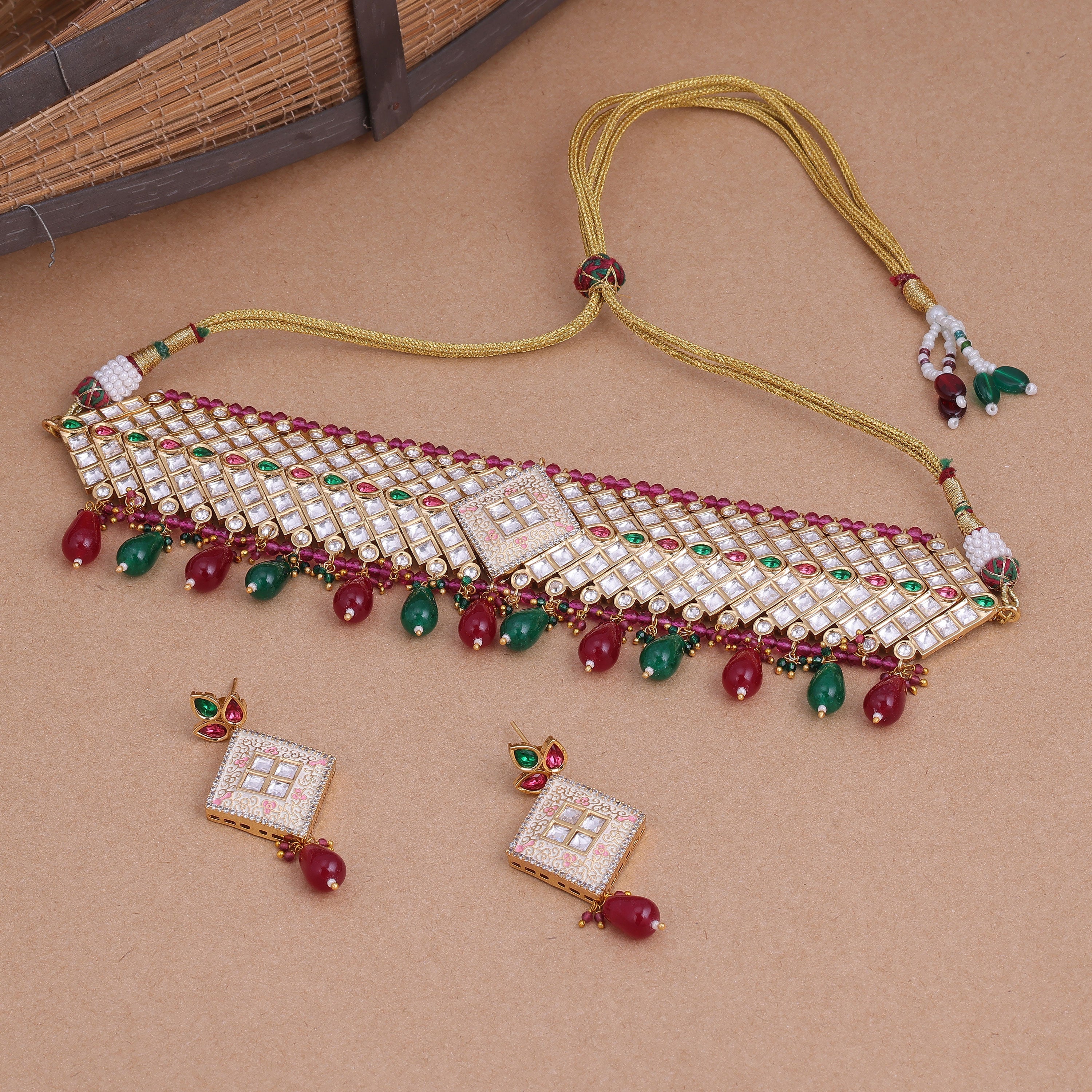 Sukkhi Maroon & Green Gold Plated Kundan & Pearl Choker Necklace Set For Women