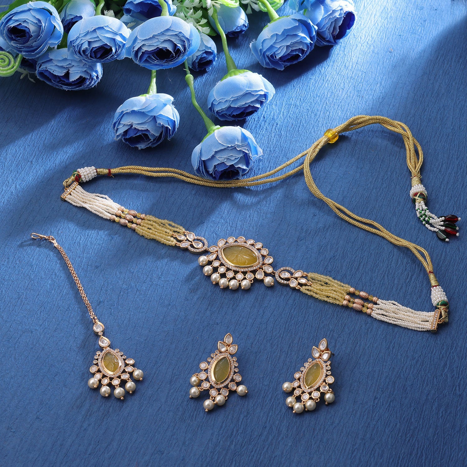 Sukkhi Yellow Gold Plated Kundan & CZ & Pearl Choker Necklace Set For Women