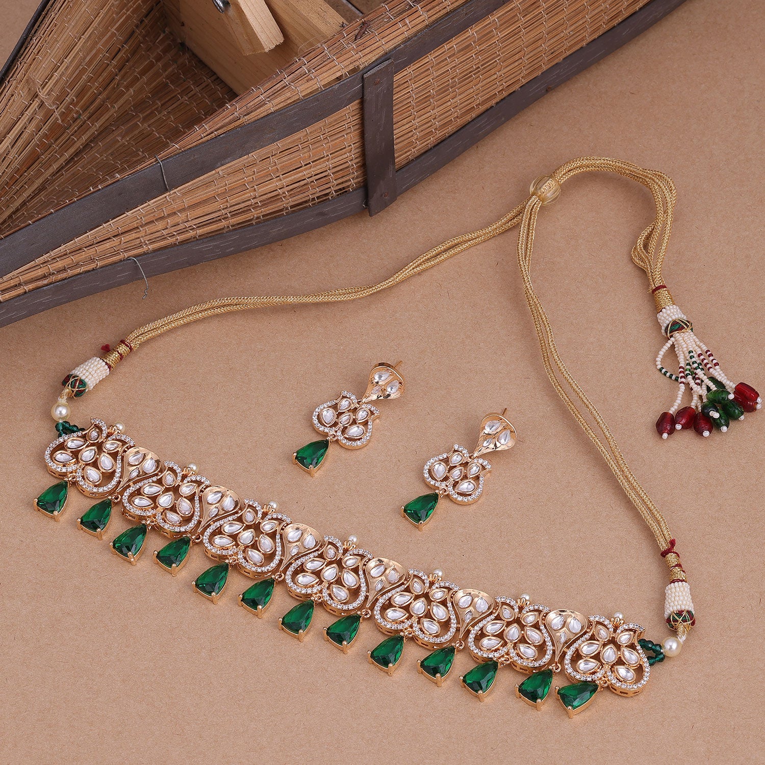 Sukkhi Green Gold Plated Kundan & CZ Choker Necklace Set For Women