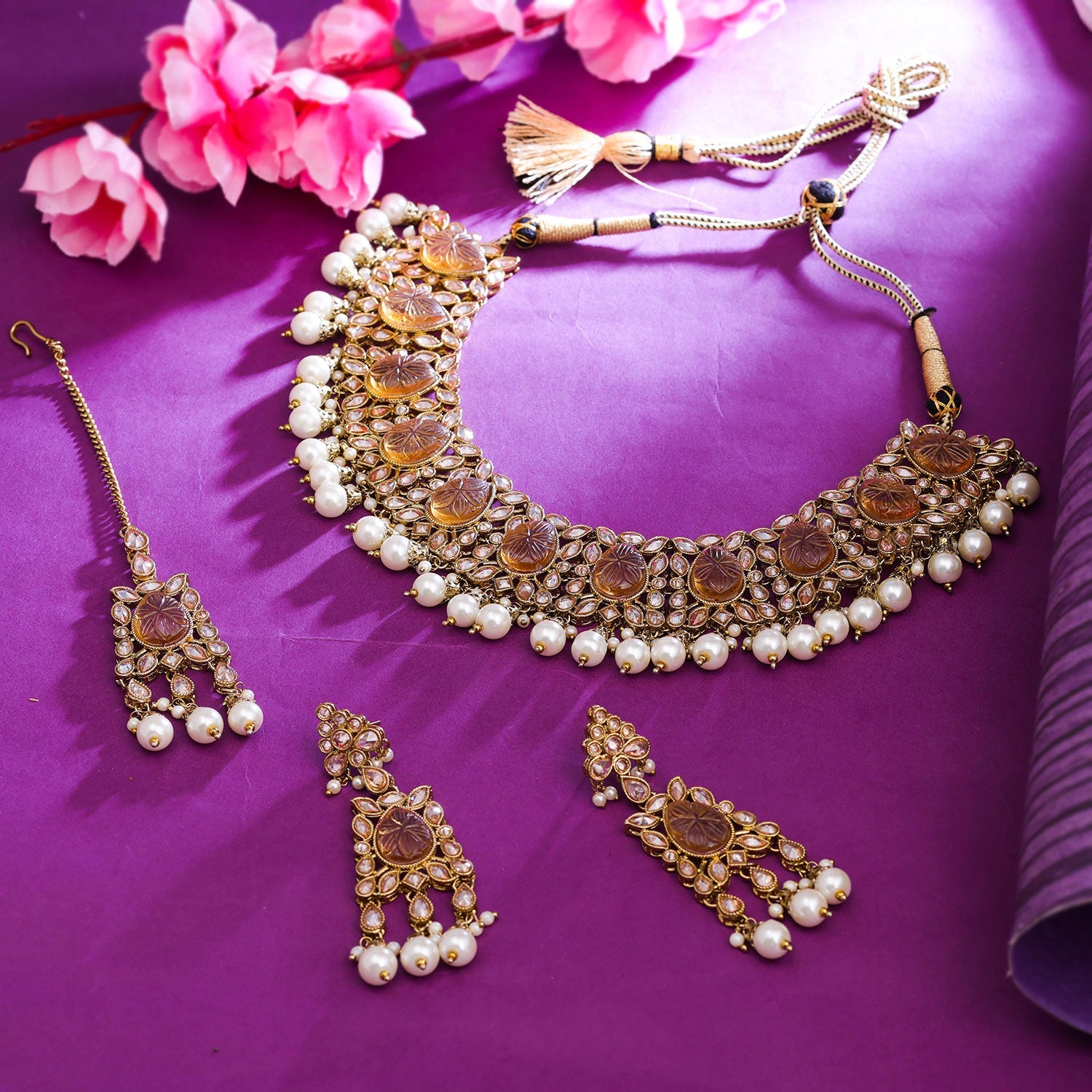 Sukkhi Yellow Gold Plated Reverse Ad & Pearl Choker Necklace Set For Women