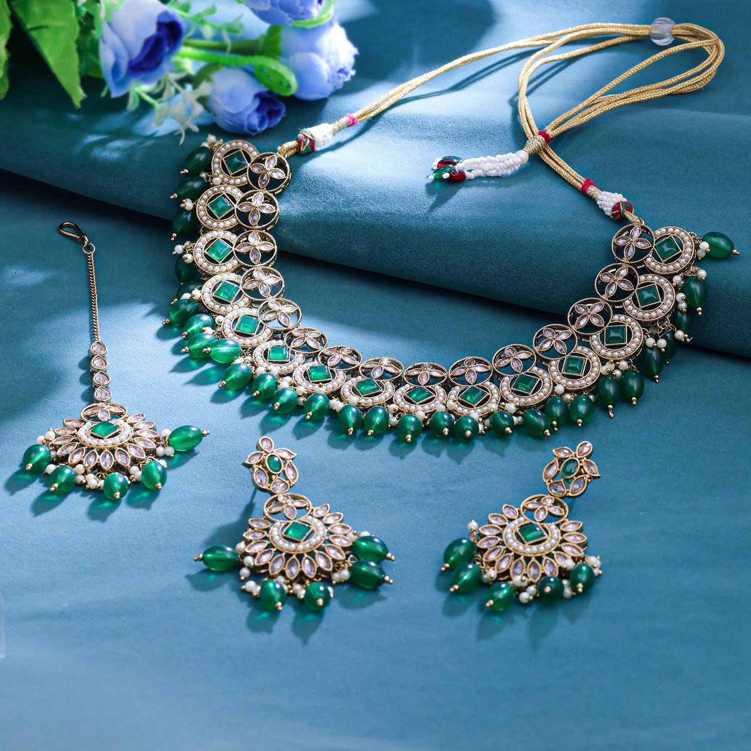 Sukkhi Green Gold Plated Reverse Ad & Pearl Choker Necklace Set For Women
