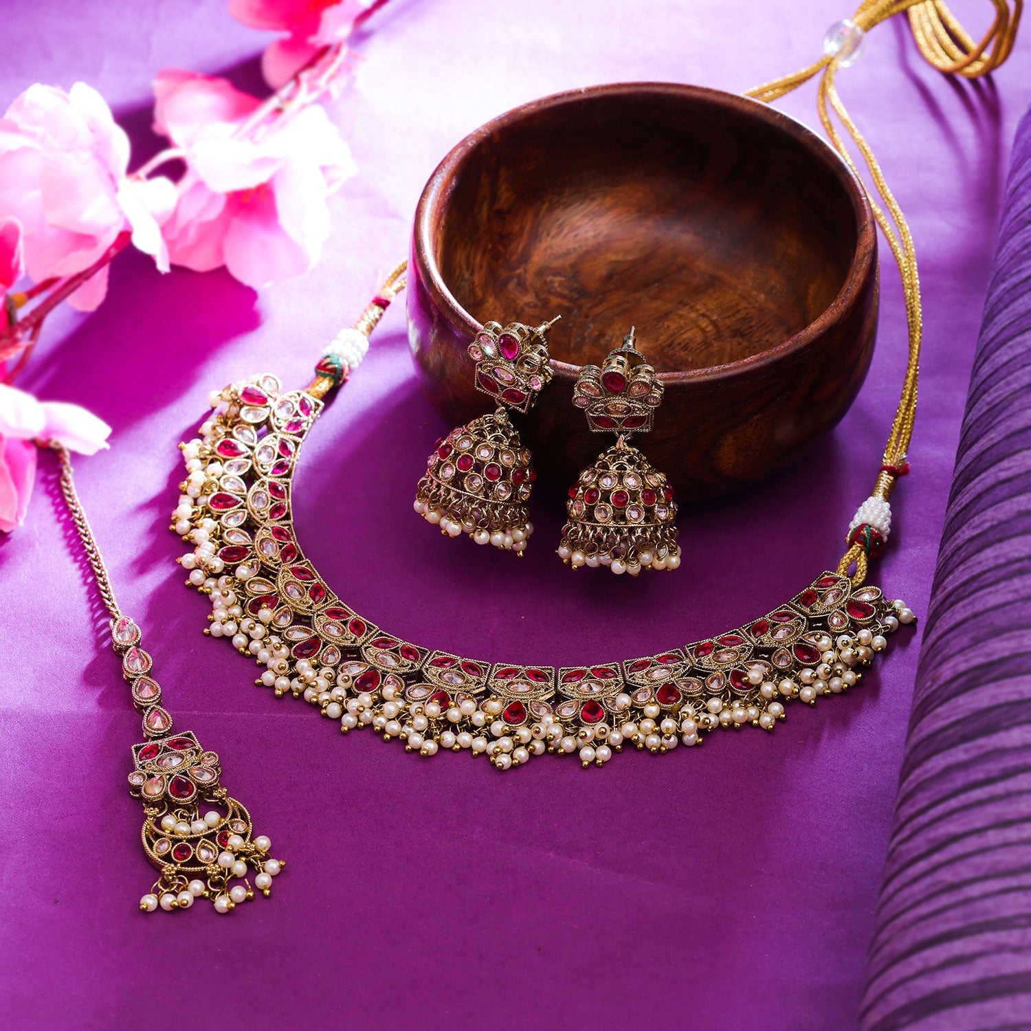 Sukkhi Maroon Gold Plated Reverse Ad & Pearl Choker Necklace Set For Women