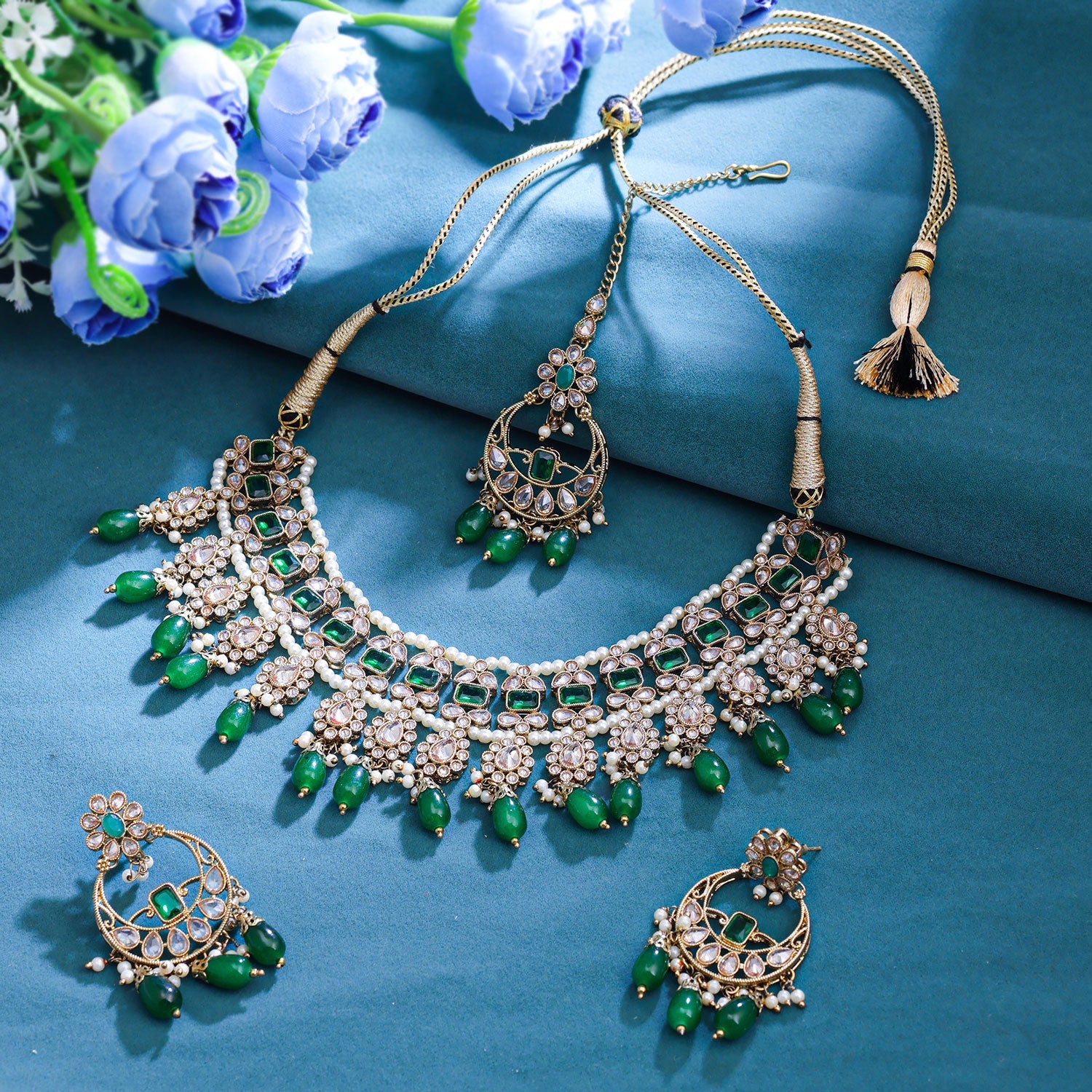 Sukkhi Green Gold Plated Reverse Ad & Pearl Choker Necklace Set For Women
