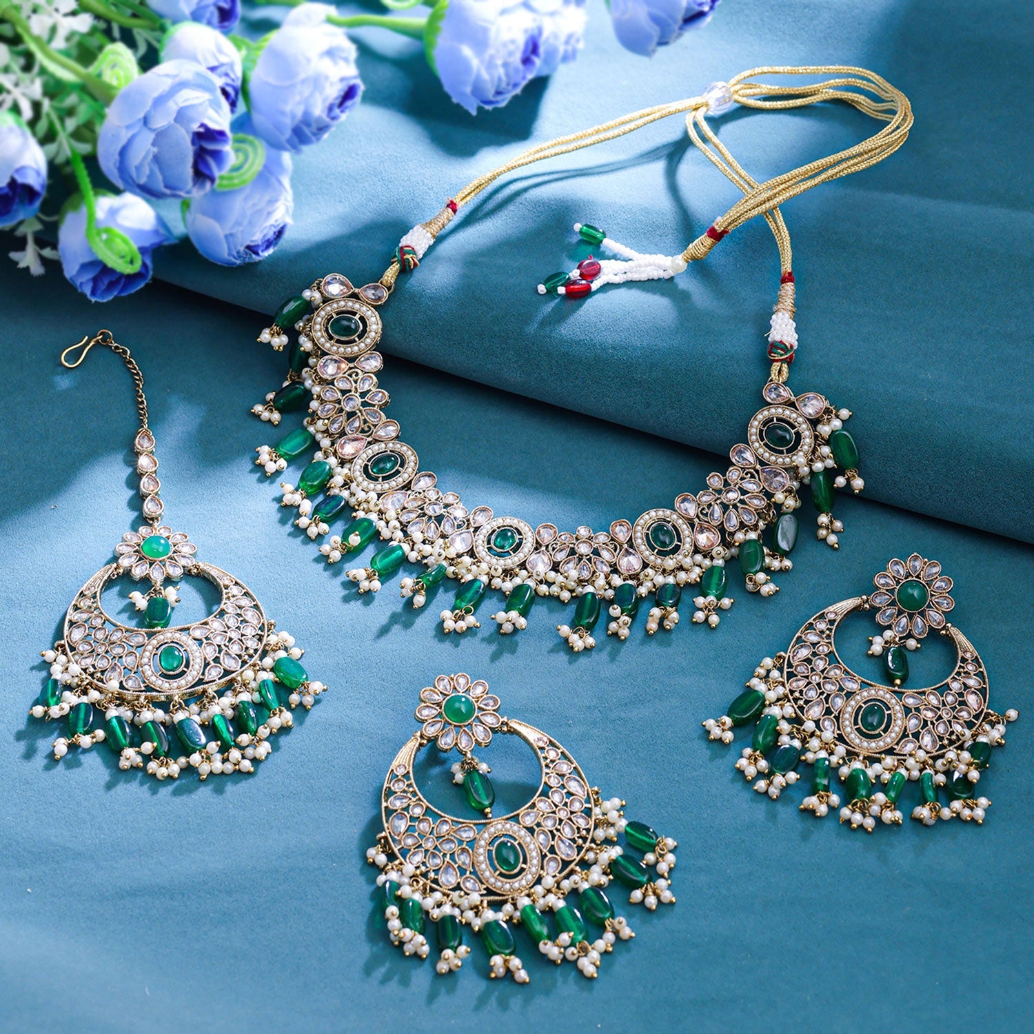 Sukkhi Green Gold Plated Reverse Ad & Pearl Choker Necklace Set For Women