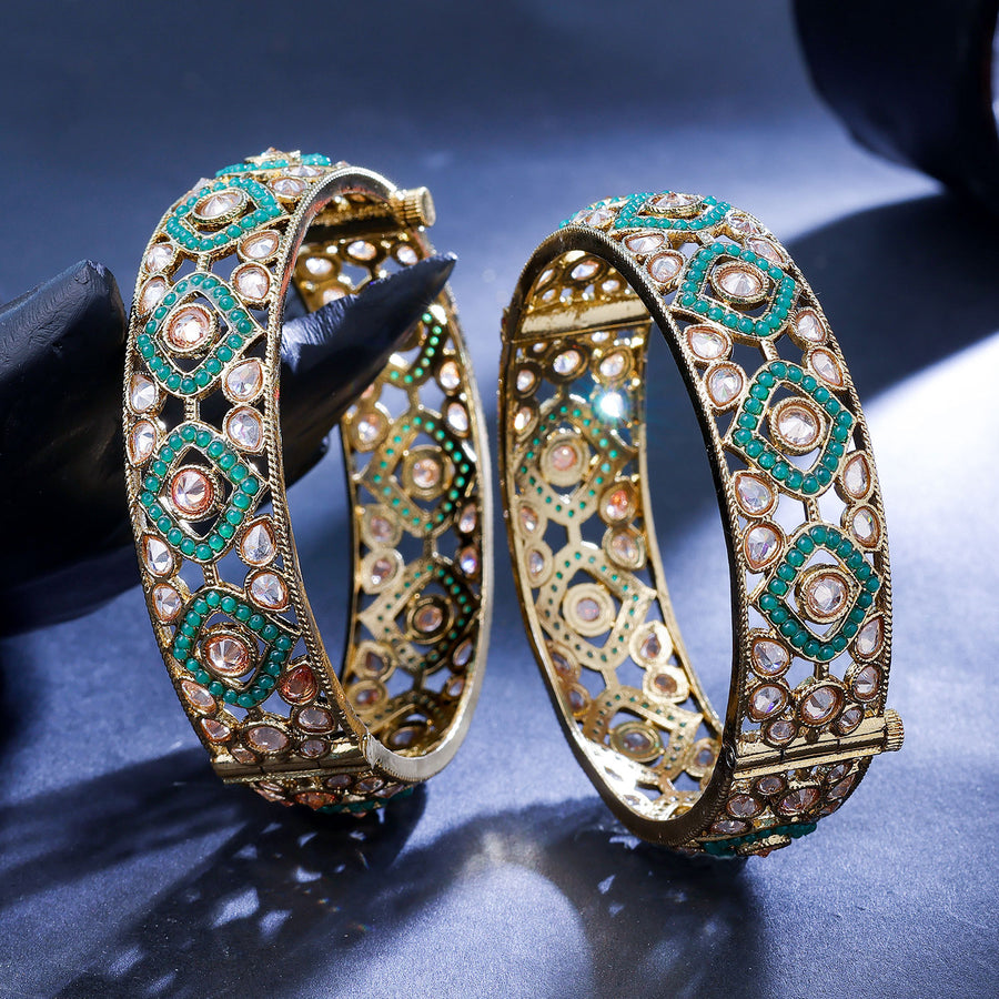 Sukkhi Green Gold Plated Reverse Ad & Pearl Bangles For Women
