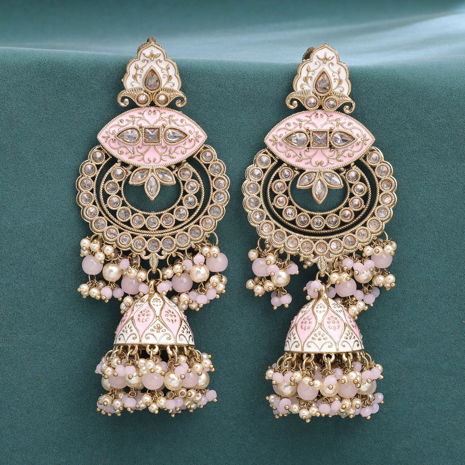 Sukkhi Pink Gold Plated Reverse Ad & Pearl Jhumka Earring For Women