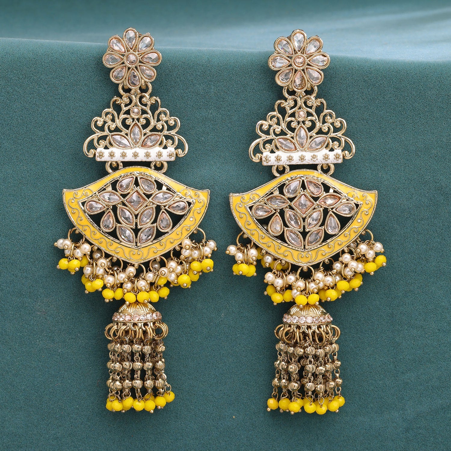 Sukkhi Yellow Gold Plated Reverse Ad & Pearl Drop Earring For Women