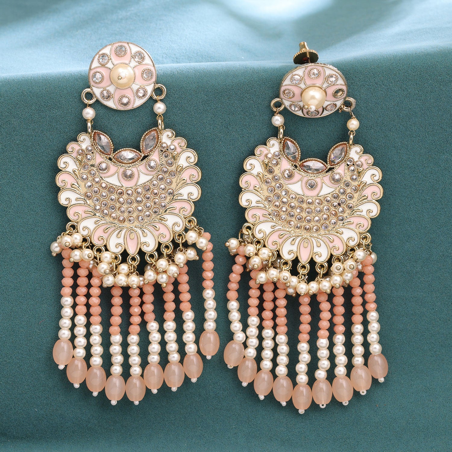 Sukkhi Peach Gold Plated Reverse Ad & Pearl Drop Earring For Women