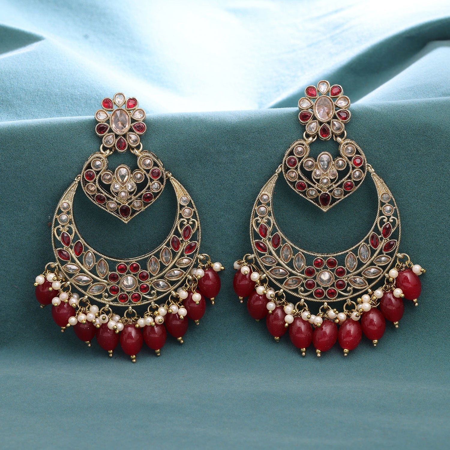 Sukkhi Maroon Gold Plated Reverse Ad & Pearl Dangle Earring For Women