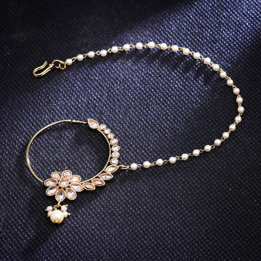 Sukkhi Golden Gold Plated Reverse AD & Pearl Nath For Women