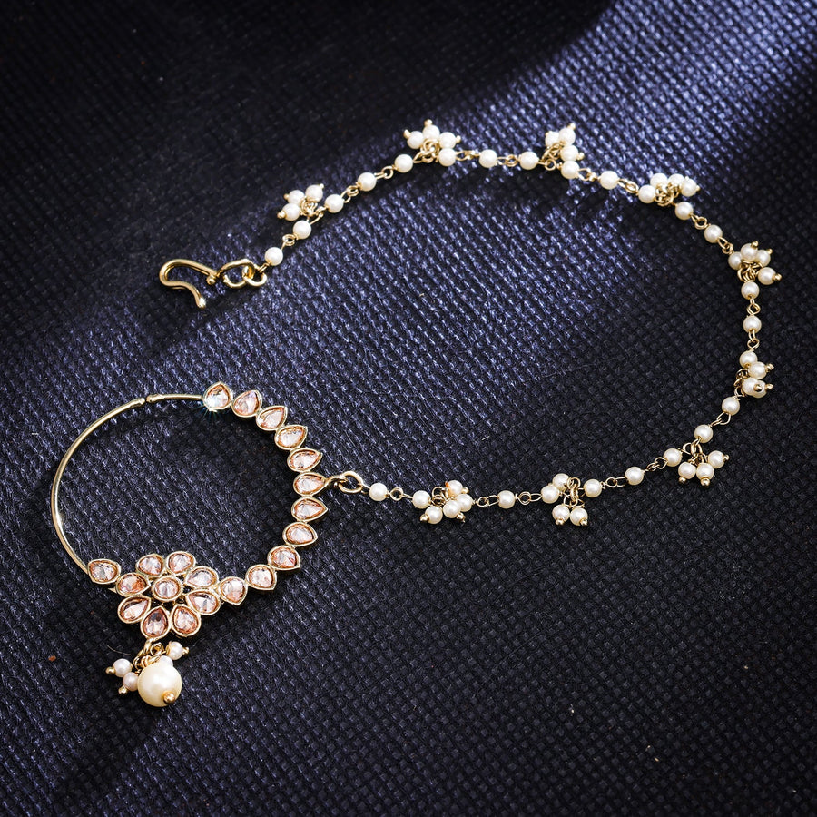 Sukkhi Golden Gold Plated Reverse AD & Pearl Nath For Women