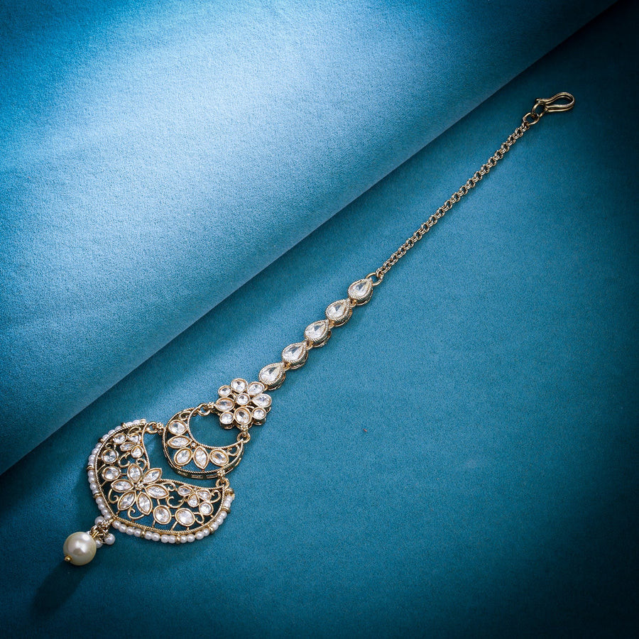 Sukkhi Golden Gold Plated Reverse AD & Pearl Maangtikka For Women