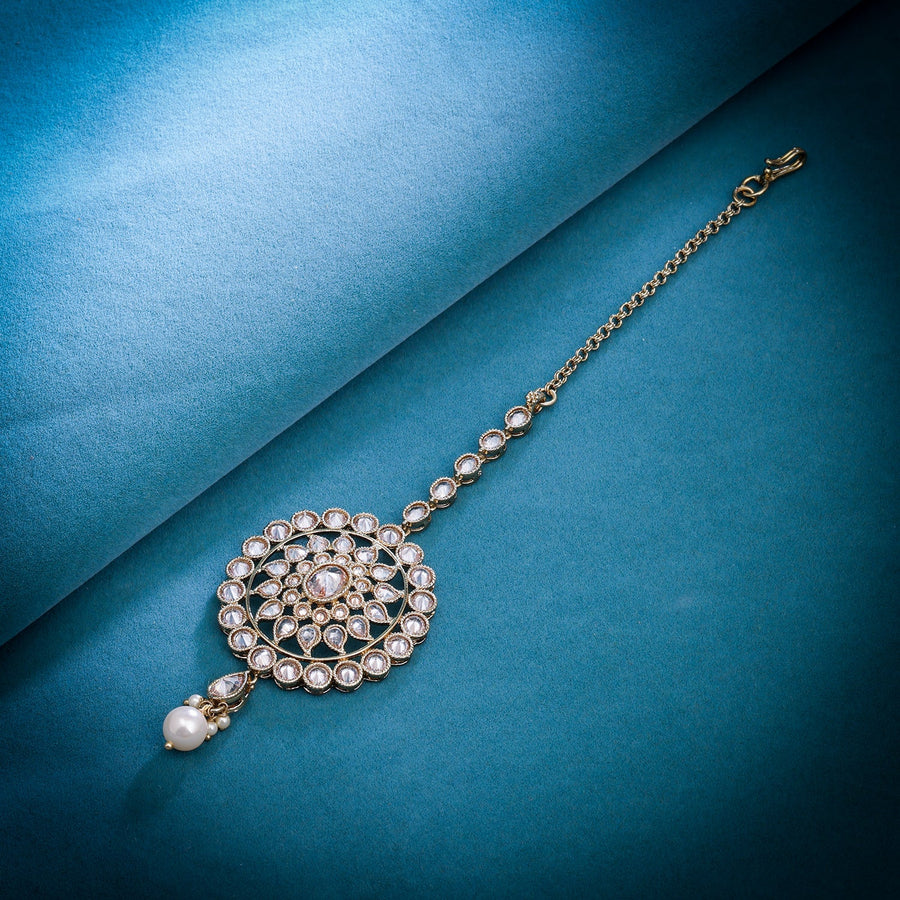 Sukkhi Golden Gold Plated Reverse AD & Pearl Maangtikka For Women