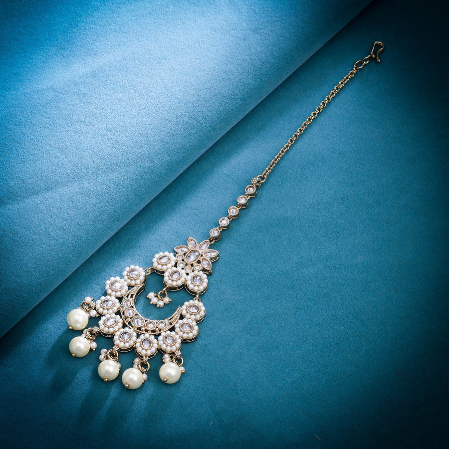 Sukkhi Golden Gold Plated Reverse AD & Pearl Maangtikka For Women