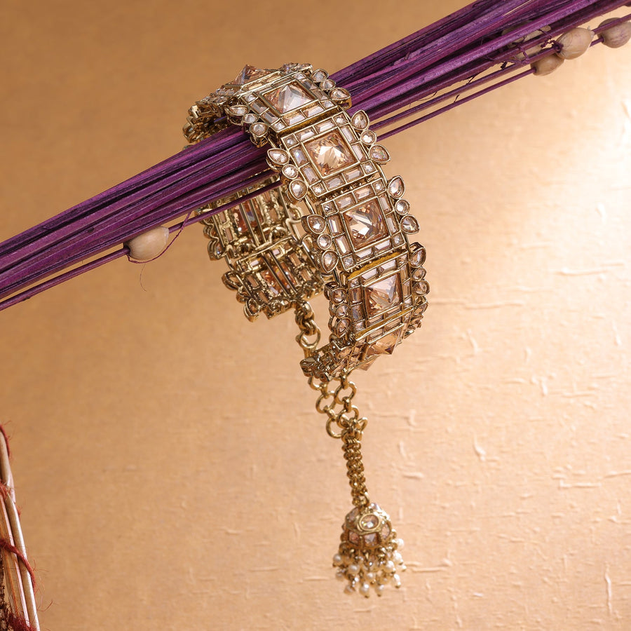 Sukkhi Golden Gold Plated Reverse AD & Pearl Kada For Women