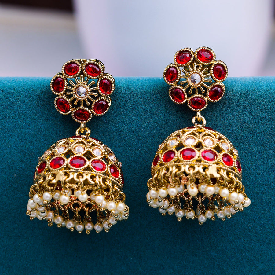 Sukkhi Maroon Gold Plated Reverse AD & Pearl Jhumka Earring For Women