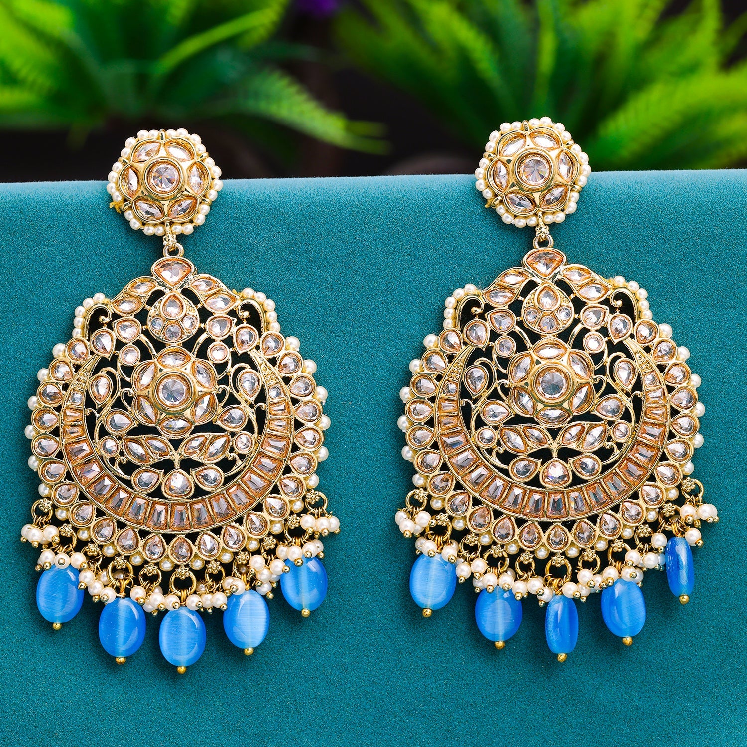 Sukkhi Blue Gold Plated Reverse AD & Pearl Dangle Earring For Women