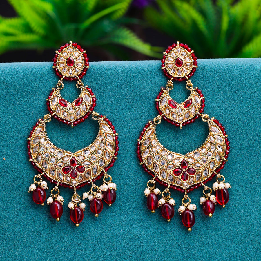 Sukkhi Maroon Gold Plated Reverse AD & Pearl Dangle Earring For Women