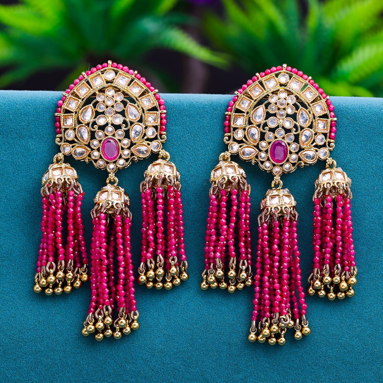 Sukkhi Pink Gold Plated Reverse AD & Pearl Dangle Earring For Women