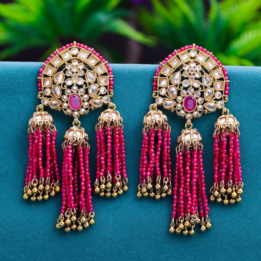 Sukkhi Pink Gold Plated Reverse AD & Pearl Dangle Earring For Women