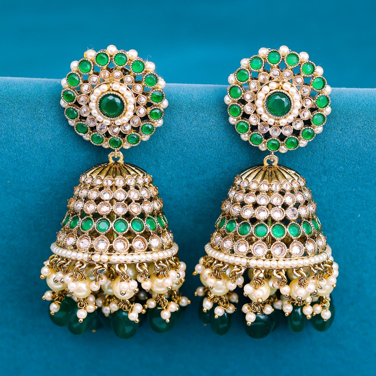 Shop Rubans Gold Plated Devine Lakshmi With Red And Green Stone White  Pearls Jhumka Earrings. Online at Rubans